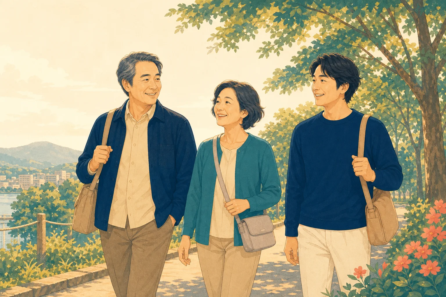 休日に自然な姿勢で散歩を楽しむ人たち