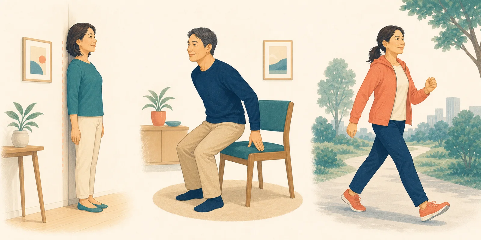 壁立ち、椅子からの立ち上がり、歩行を行う人たち