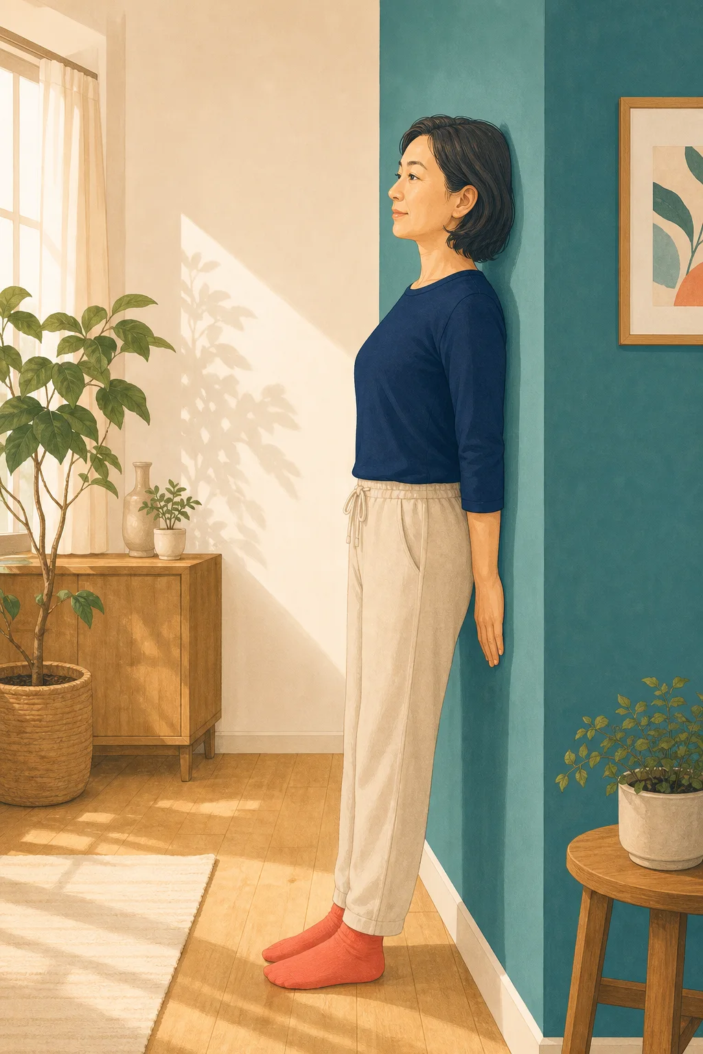 自宅で壁を使った姿勢チェックをする女性